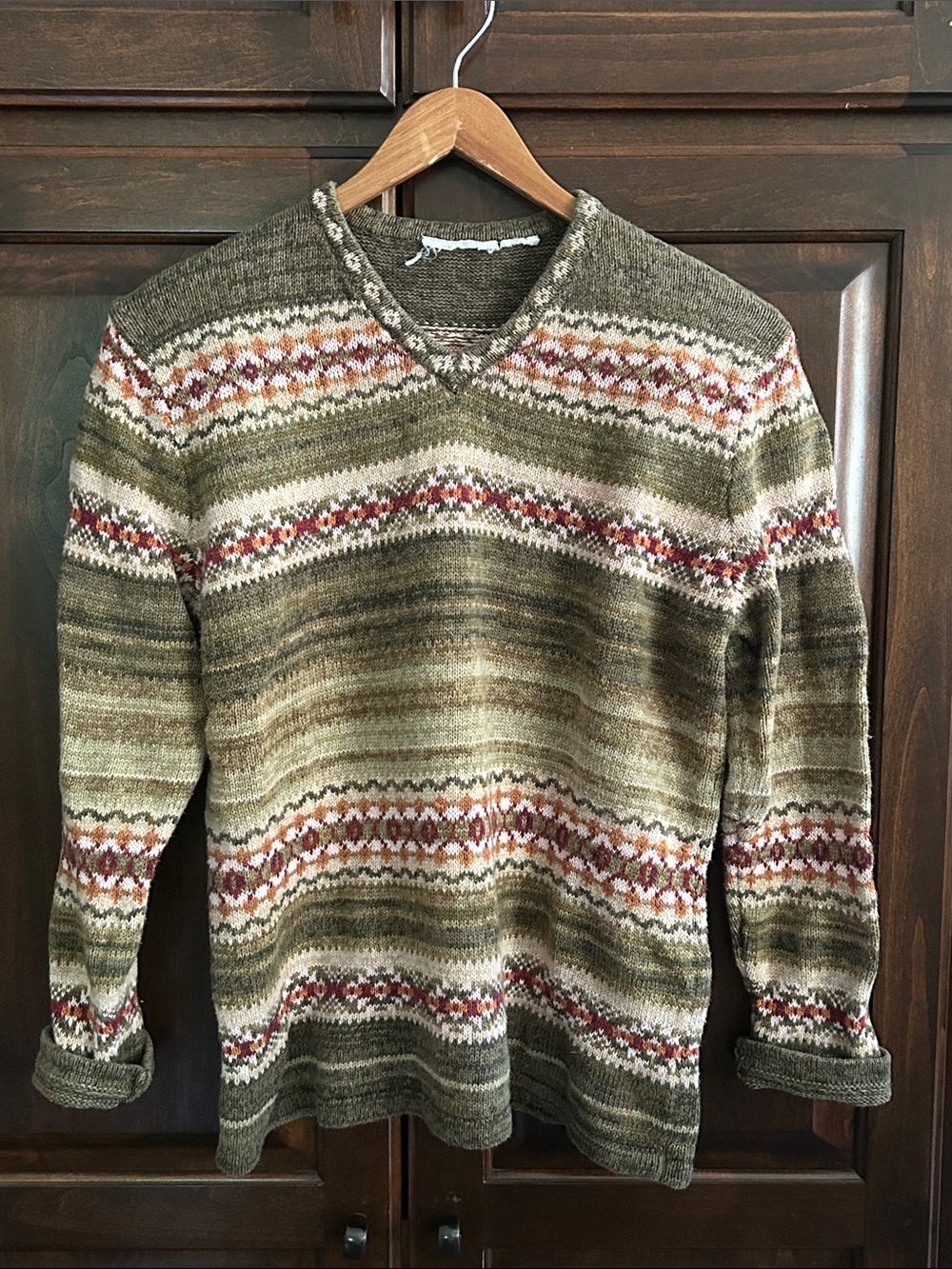 1990’s LL Bean Sz S Olive Green Knit Fair Isle V-Neck Sweater